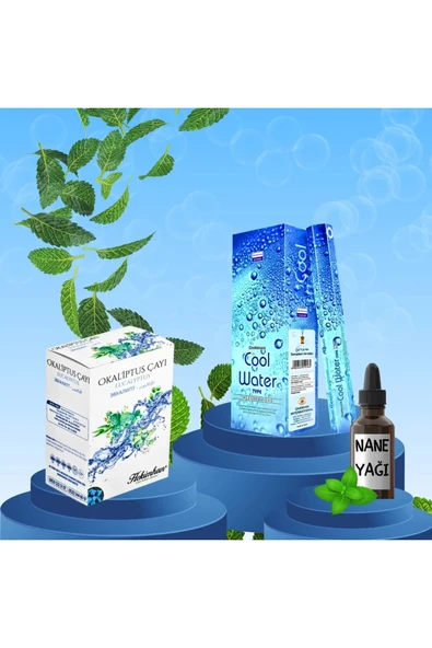 Ferah Ortam Seti Cool Water Tütsü 20 Çubuk + Okaliptüs Küp Çay + Nane Yağı 20 ml