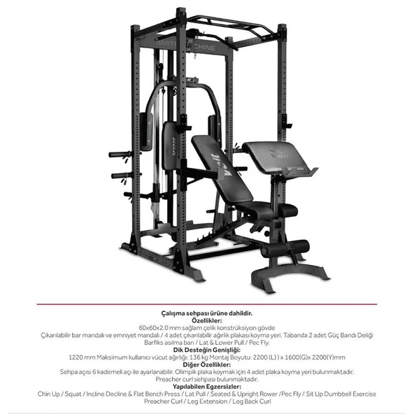 Voit 3918 Smith Machine Çok Fonksiyonlu Ağırlık Çalışma İstasyonu – Bench, Barfiks, Lat Pulldown, Pec Fly, Squat, Preacher Curl - 3