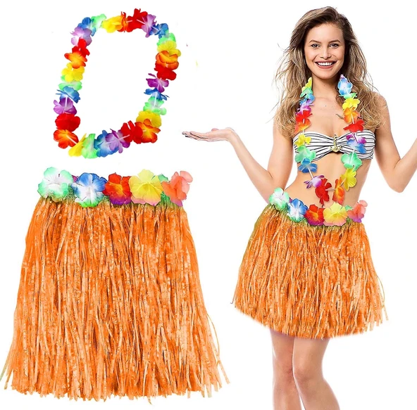 Hawaii Luau Aloha Turuncu Püsküllü 40 Cm Etek Ve Hawaii Kolye Seti ürün görseli