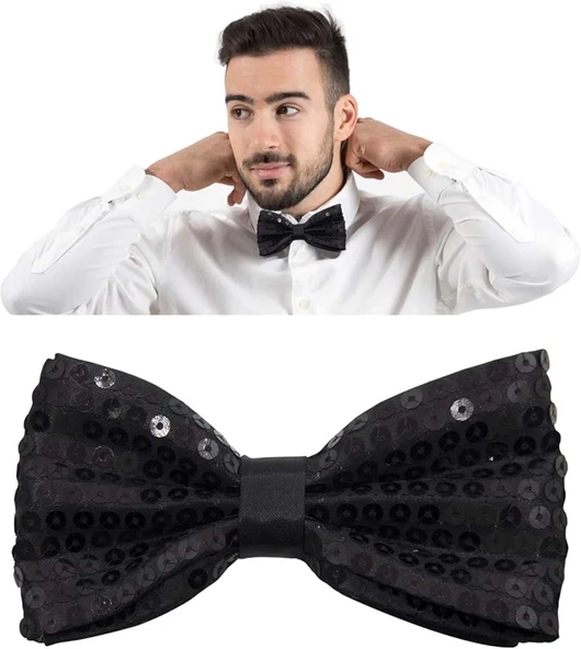 Gece Işıltısı Siyah Payetli Pullu Papyon 7x2 Cm - Resim 2