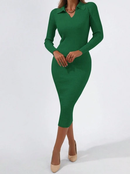 Kadın Uzun Kollu Yakalı Triko Elbise - Resim 9