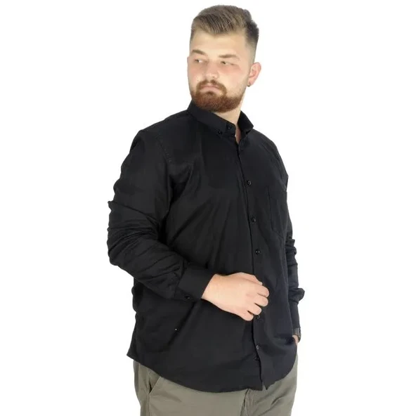 Büyük Beden Erkek Keten Cepli Gömlek C20386 Siyah - Resim 2