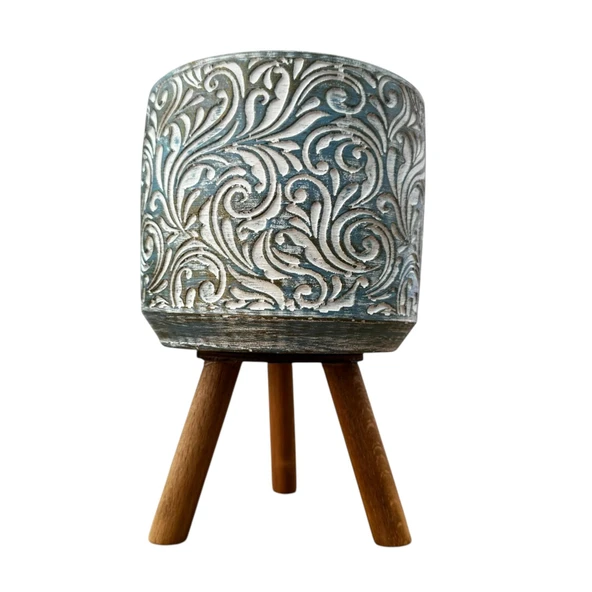 Bitki Tasarımı Ev dekorasyon Mavi Eskitme Çiçek Desen Ayaklı Beton Saksı Çiçeklik Saksılık - Resim 3