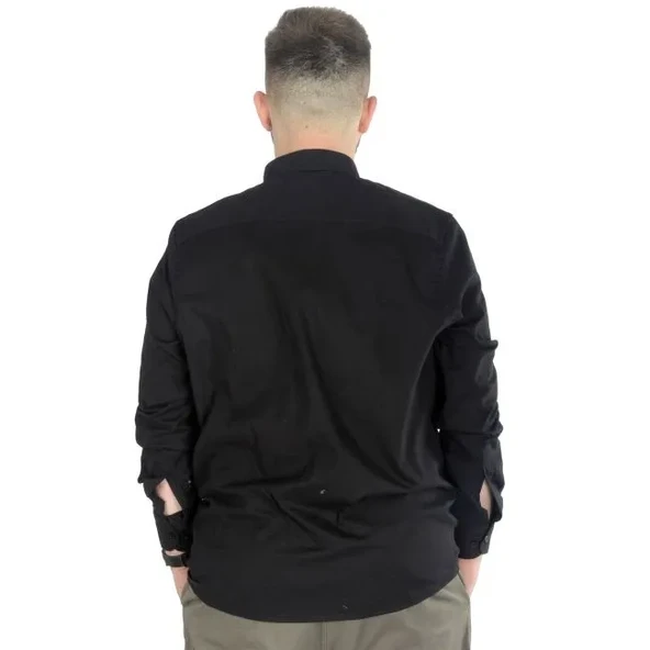 Büyük Beden Erkek Keten Cepli Gömlek C20386 Siyah - Resim 4