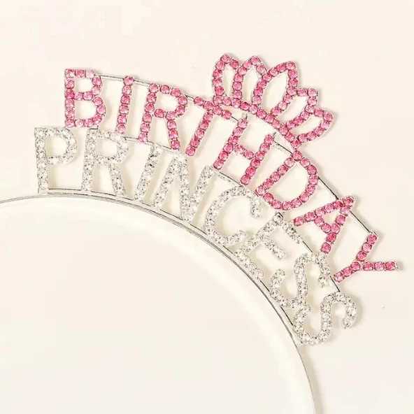 Kristal Taşlı Pembe Birthday Princess Yazılı Parti Tacı 19x11 Cm - Resim 3