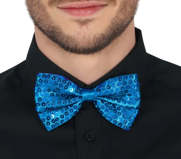 Gece Işıltısı Açık Mavi Turkuaz Payetli Pullu Papyon 7x2 Cm - Resim 3