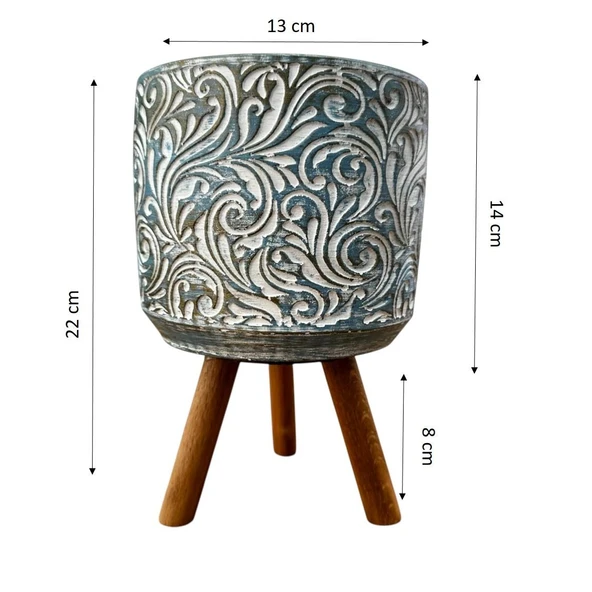 Bitki Tasarımı Ev dekorasyon Mavi Eskitme Çiçek Desen Ayaklı Beton Saksı Çiçeklik Saksılık - Resim 2