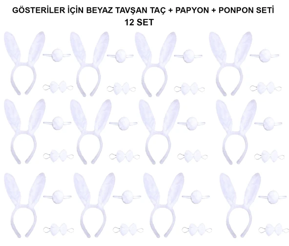 Beyaz Tavşan Kostüm Seti – Taç, Papyon, Kuyruk (12’li Paket) ürün görseli