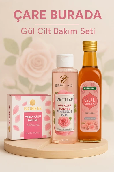 Gül Cilt Bakım Seti (Gül Sirkesi & Yaban Gülü Sabunu & Gül Özlü Makyaj Temizleme Suyu) ürün görseli
