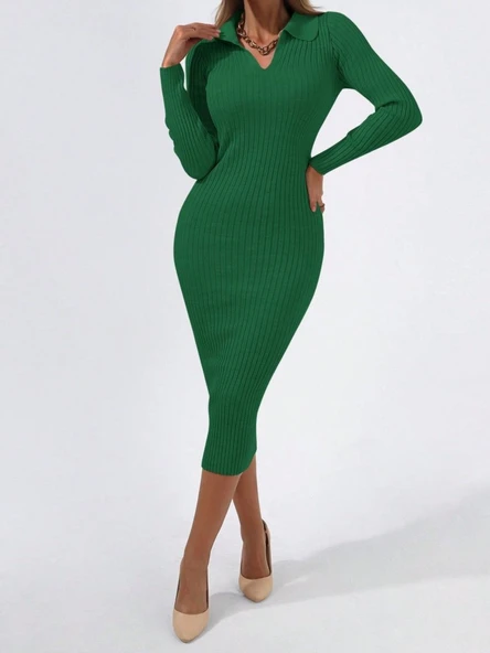 Kadın Uzun Kollu Yakalı Triko Elbise - Resim 8