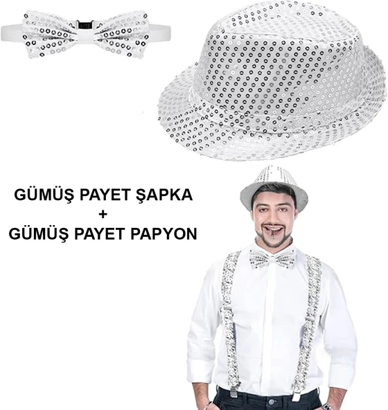 Gümüş Payetli Şapka Ve Papyon Seti – Parıltılı Yetişkin Kostüm Seti ürün görseli