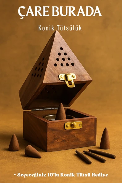 Ahşap Piramit Konik Tütsülük (Seçeceğiniz 10'lu Konik Tütsü Hediye) ürün görseli