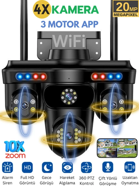 SNR3 WİFİ 4 Kameralı Güvenlik Kamerası 20MP 3 Motor PTZ Hareketli Sesli Gece Görüşlü Akıllı Kamera ürün görseli 1