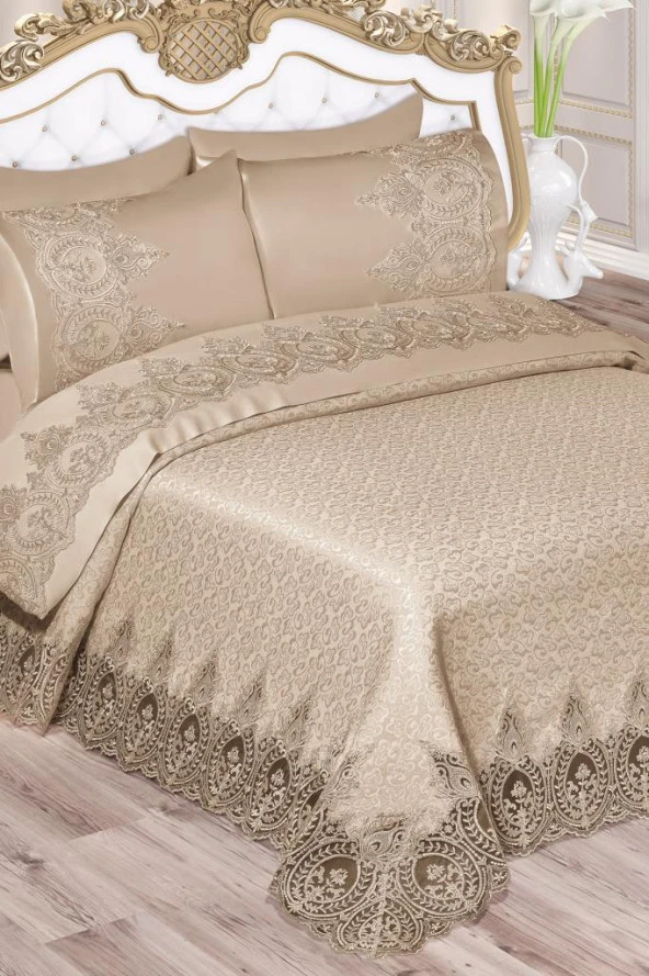 İlayda Fransız Güpürlü Brokar Pike Takımı Bej - Resim 4