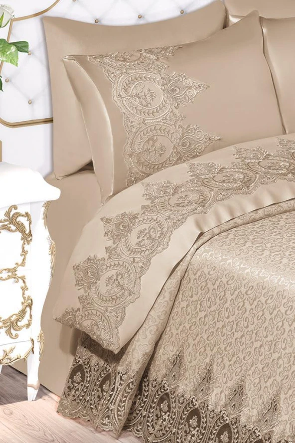 İlayda Fransız Güpürlü Brokar Pike Takımı Bej - Resim 5