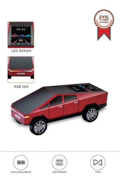 Torima D68 Kırmızı CyberTruck Araba Tasarımlı Bluetooth Hoparlör 15W Güçlü Ses RGB LED /TWS/USB ürün görseli