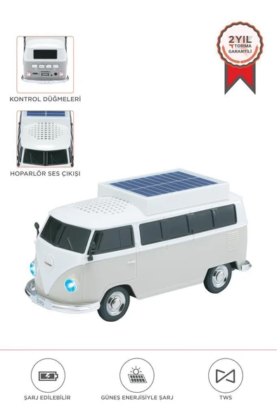 Torima D70 Bej Vosvos Tasarımlı Solar Şarjlı Bluetooth Hoparlör 5W Güçlü Ses ürün görseli