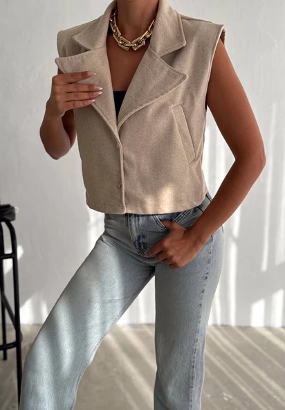 Önü çıtçıtlı cepli kaşe yelek bej f2253 - 3