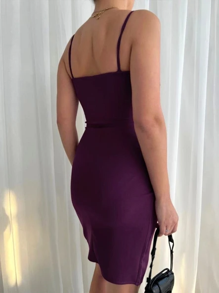 Kadın İp Askılı Yırtmaçlı Büzgülü Elbise - Resim 3