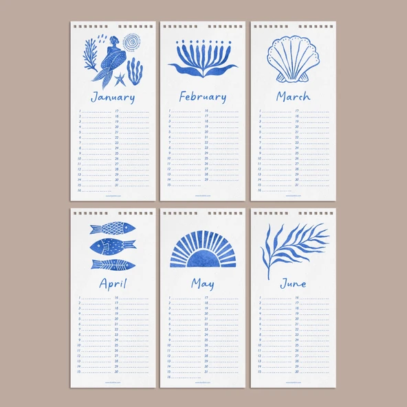 Tarihsiz Doğum Günü Takvimi, Denizkıızı, Okyanus Sanatı Takvim, 12 Aylık Sürekli Takvim, 14 x 29,7 cm, Planlayıcı Takvim - Resim 3