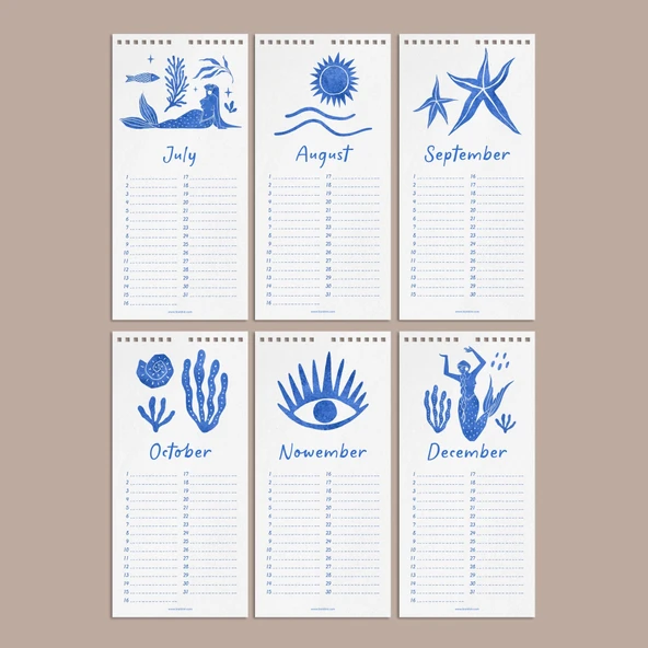 Tarihsiz Doğum Günü Takvimi, Denizkıızı, Okyanus Sanatı Takvim, 12 Aylık Sürekli Takvim, 14 x 29,7 cm, Planlayıcı Takvim - Resim 4