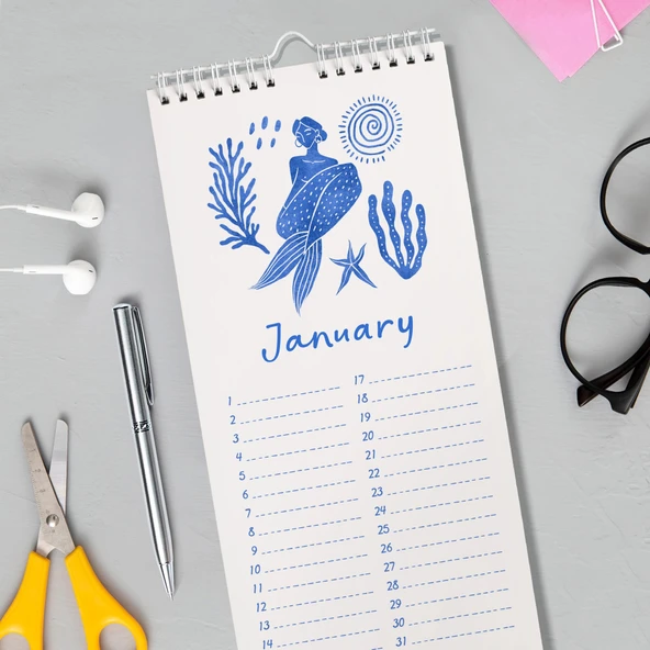 Tarihsiz Doğum Günü Takvimi, Denizkıızı, Okyanus Sanatı Takvim, 12 Aylık Sürekli Takvim, 14 x 29,7 cm, Planlayıcı Takvim - Resim 2