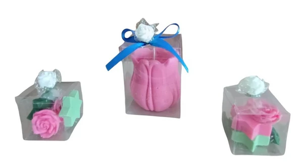 Lale yıldız gül görünümlü Kokulu Doğal pembe yeşil renk 3lü Dekoratif mum - 3