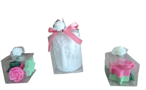 Salıncakdaki  çocuklar yıldız gül görünümlü Kokulu Doğal beyaz pembe yeşil renk 3lü  Dekoratif mum - 3