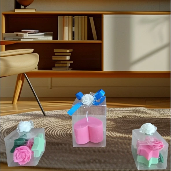 5cm-5cm ebatlarda Kokulu Doğal pembe-yeşil renk 3 lü Dekoratif  mum