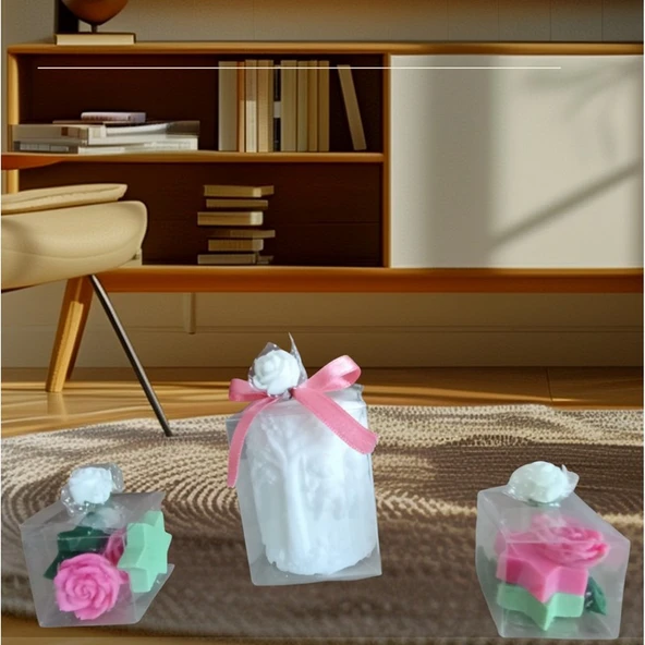 Salıncakdaki  çocuklar yıldız gül görünümlü Kokulu Doğal beyaz pembe yeşil renk 3lü  Dekoratif mum