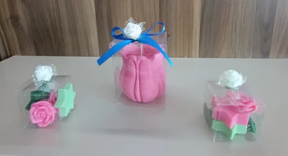 Lale yıldız gül görünümlü Kokulu Doğal pembe yeşil renk 3lü Dekoratif mum - 2