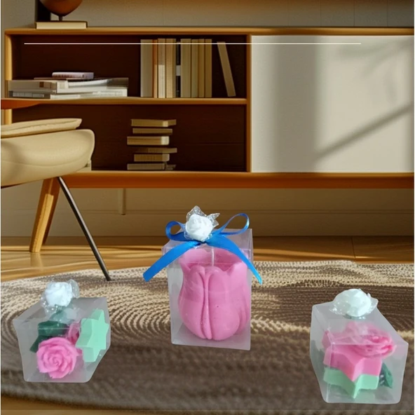 Lale yıldız gül görünümlü Kokulu Doğal pembe yeşil renk 3lü Dekoratif mum
