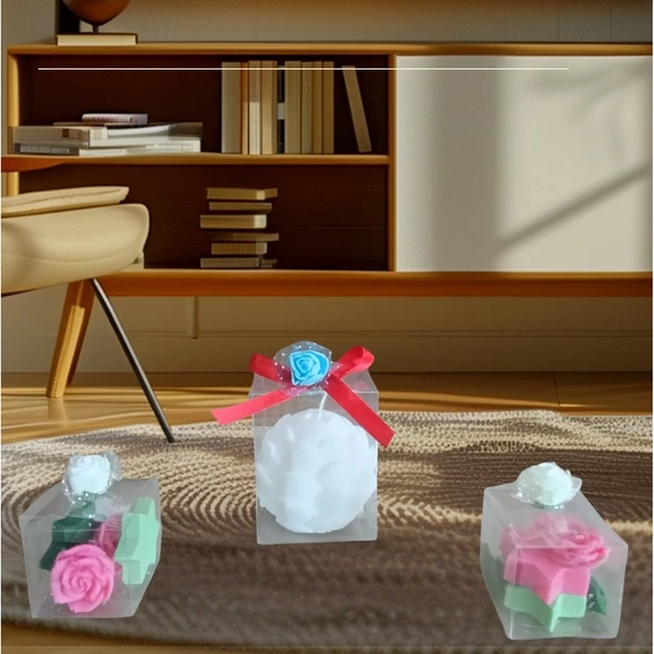 Kokulu Doğal beyaz pembe yeşil renk istiridye ve gül yıldız görünümlü 3 lü Dekoratif  mum ürün görseli