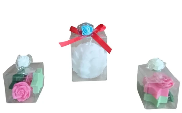 Kokulu Doğal beyaz pembe yeşil renk istiridye ve gül yıldız görünümlü 3 lü Dekoratif  mum - Resim 3