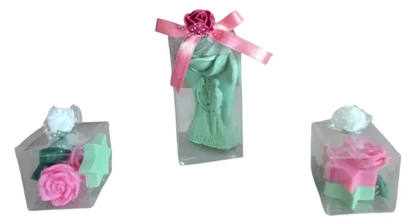 Romanyik aşıklar ve  yıldız gül görünümlü Kokulu Doğal pembe yeşil renk 3 lü Dekoratif mum - Resim 3