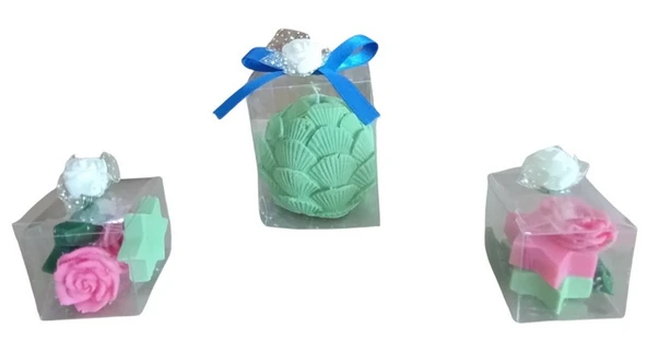 pembe yeşil renk istiridye ve gül yıldız görünümlü Kokulu Doğal 3lü Dekoratif  mum - Resim 3