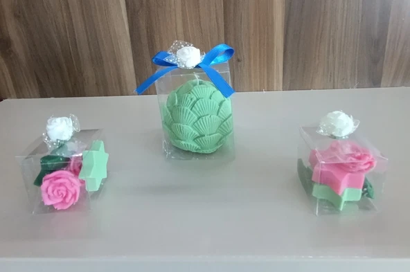 pembe yeşil renk istiridye ve gül yıldız görünümlü Kokulu Doğal 3lü Dekoratif  mum - Resim 2