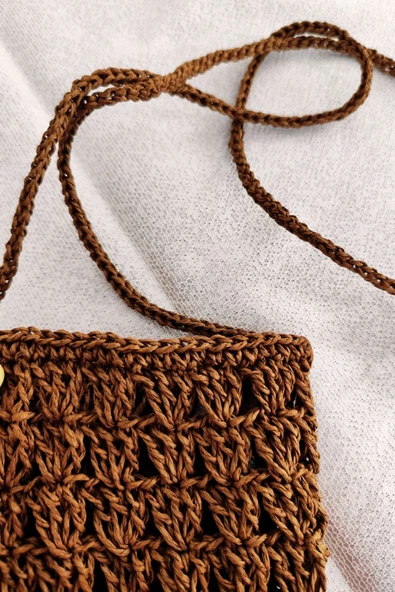 El Örgüsü Kahverengi Hasır Çanta  Bohem Yaz Omuz Çantası, Günlük Şık Plaj Çantası Kadın - Resim 3