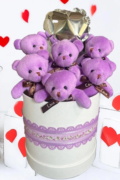 Premium Silindir Hediye Kutusunda, Kalpli Balonlu 6’lı Mor Ayıcık Buketi - Resim 3