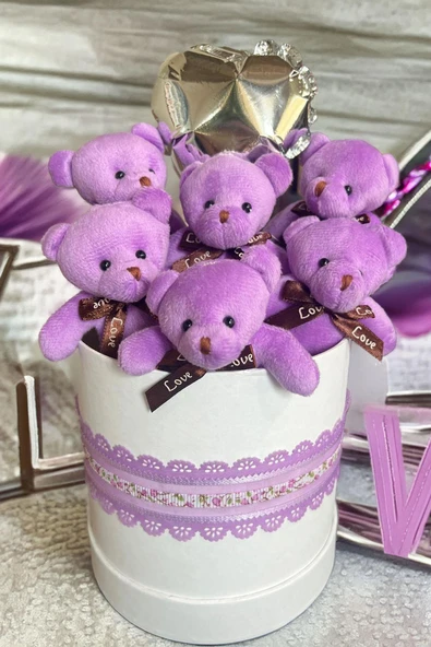 Premium Silindir Hediye Kutusunda, Kalpli Balonlu 6’lı Mor Ayıcık Buketi - Resim 2