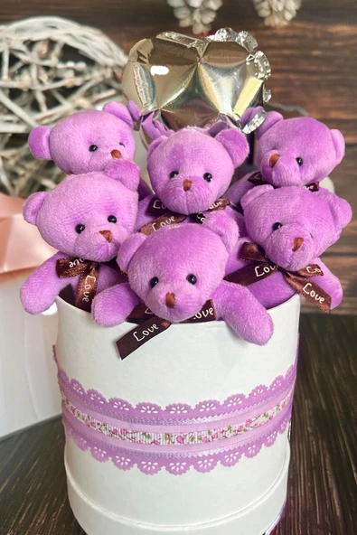 Premium Silindir Hediye Kutusunda, Kalpli Balonlu 6’lı Mor Ayıcık Buketi - Resim 6