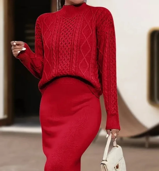 Kadın Uzun Kollu Balıkçı Yaka Bluz Ve Etek Ikili Triko Takım - Resim 2