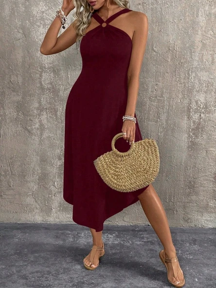 Kadın Boyundan çapraz Askılı Halka Detaylı Asimetrik Kesim Viskon Elbise - Resim 5