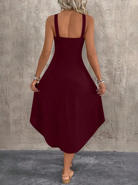 Kadın Boyundan çapraz Askılı Halka Detaylı Asimetrik Kesim Viskon Elbise - Resim 6