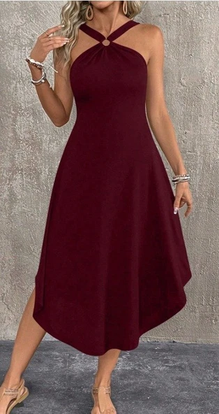 Kadın Boyundan çapraz Askılı Halka Detaylı Asimetrik Kesim Viskon Elbise ürün görseli