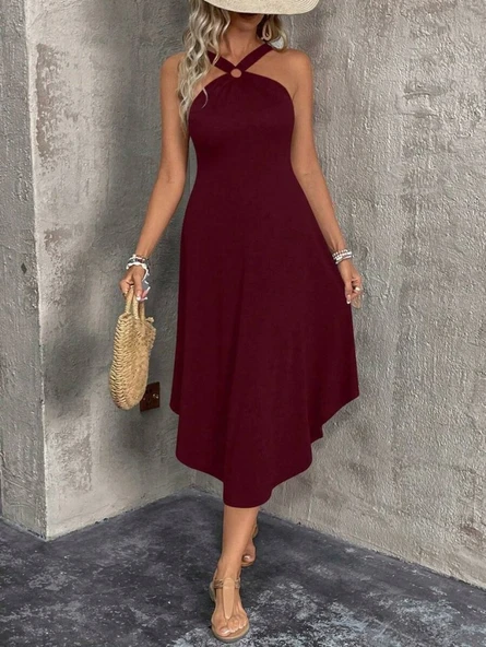 Kadın Boyundan çapraz Askılı Halka Detaylı Asimetrik Kesim Viskon Elbise - Resim 2