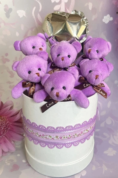 Premium Silindir Hediye Kutusunda, Kalpli Balonlu 6’lı Mor Ayıcık Buketi - Resim 4