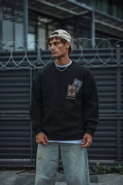 Uzun Kol Bisiklet Yaka Baskılı SweatShirt - Siyah - Resim 2