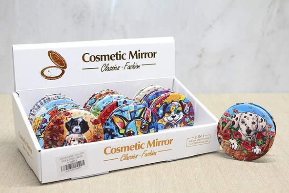 Sevimli Köpek Tasarımlı Taşlı İnce El Aynası Yuvarlak ürün görseli