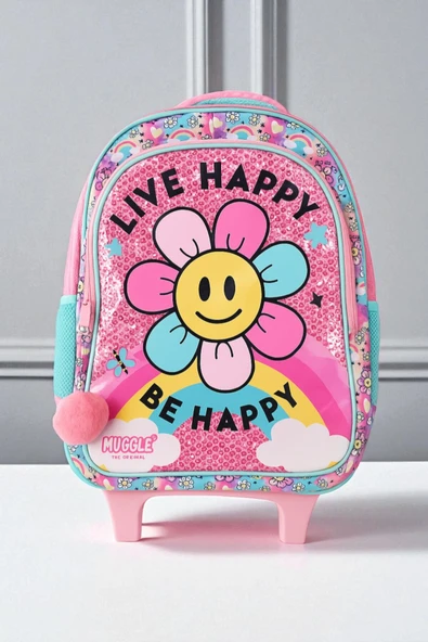 Muggle 2 Bölmeli Live Happy Çekçekli Okul Sırt Çantası Pembe